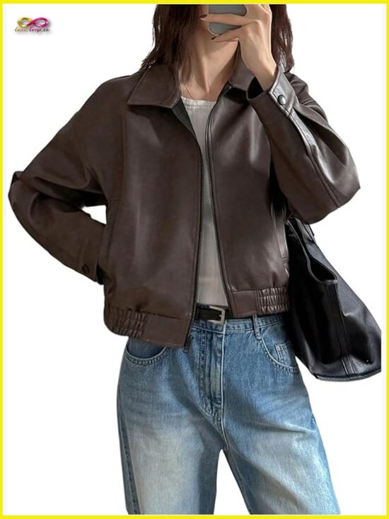 Jackets & Blazers - Faux Leather Zip Up Jacket Vintage Collared Long Sleeve Motorcycle Jacket